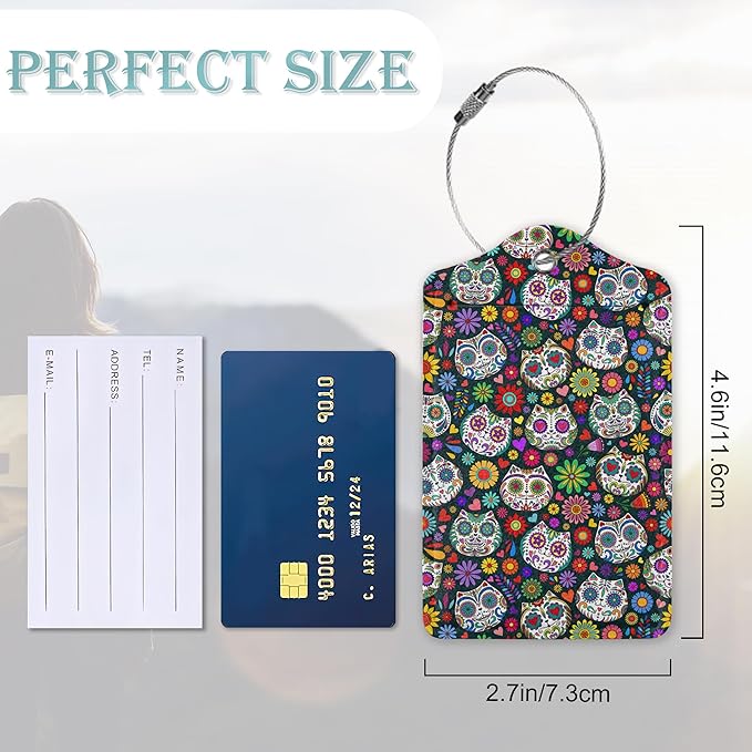 Sugar Skull Cat 2 Pack Luggage Tag for Suitcases Day of The Dead PU Leather Bag Travel Suitcase ID Identifier Baggage Tags for Women Men Travel
