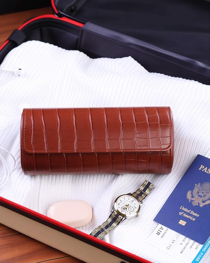 MR.OKAY 3 Watch Travel Case- Classic Leather Watch Case With Superb Texture.(Portable Watch Roll Or Organizer For Storage And Display).Festival Gift For Men, All Handcrafted By Artisans.