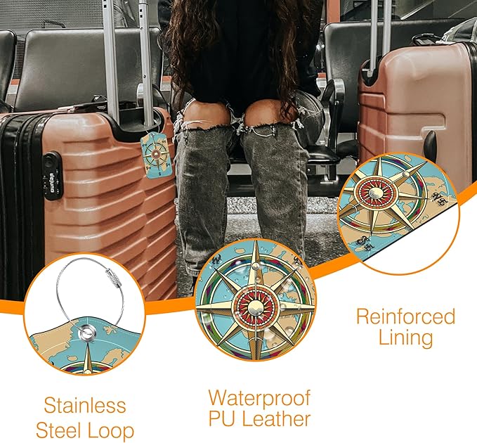 Nautical Compass Retro World Map Luggage Tag for Suitcase 2 Pack Leather Luggage Tag with Privacy Flap Name ID Label and Metal Loop for Women Men Travel