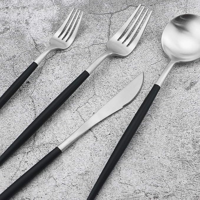 Gugrida 20-Piece 18/10 Stainless Steel Flatware Silverware, Luxury Dinnerware Set Travel Cutlery Tableware Include Knife Fork Spoon Service for 4, Dishwasher Safe (Black Handle Matte Silver)