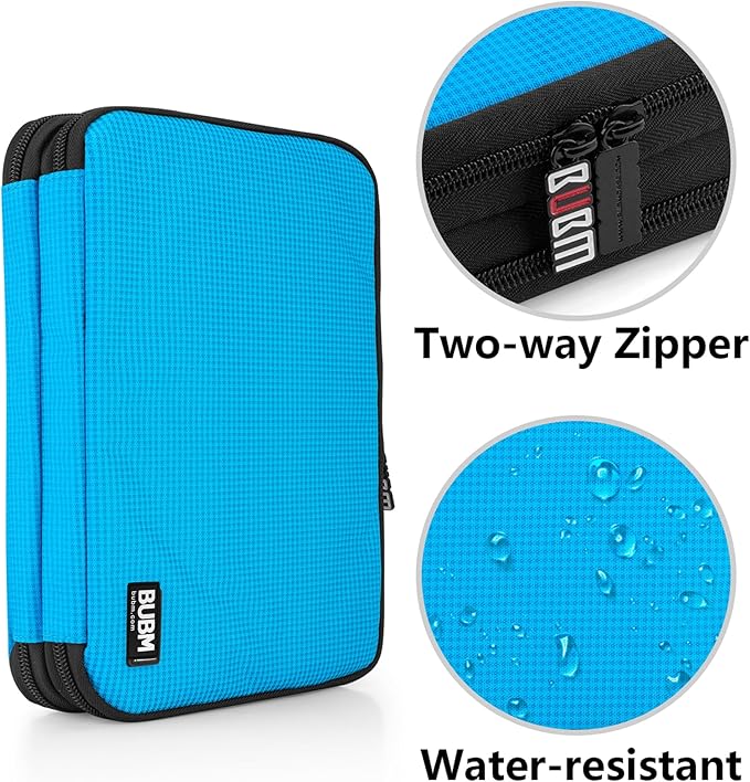 BUBM Double Layer Electronic Accessories Organizer, Travel Gadget Bag for Cables, USB Flash Drive, Plug and More, Perfect Size Fits for iPad Mini (Medium, Blue)