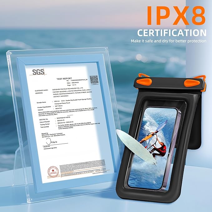 Waterproof Phone Pouch Double Pocket, Floating IPX8 8.5 inch Waterproof Phone Case for Beach Vacation Essentials for Compatible IPhone16 15 14 Pro Max Galaxy S25 S24 Ultra Phone Pouch Orange