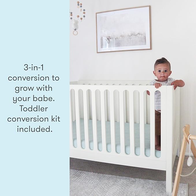 Newton Baby Galileo Standard Crib, Solid Beech Wood in Warm White Color, 3-in-1 Convertible Crib with Toddler Bed Conversion Kit, Ultra-Safe Non-Toxic Finish