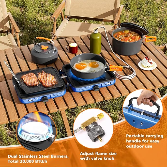 Portable 2 Burner Camping Stove Set with Cookware, Outdoor Cooking Kit Includes Outdoor Folding Gas Stove, Frying Pan, Griddle, Kettle, Pot, and Carry Bag, For Propane & Butane, 20,000 BTU/h