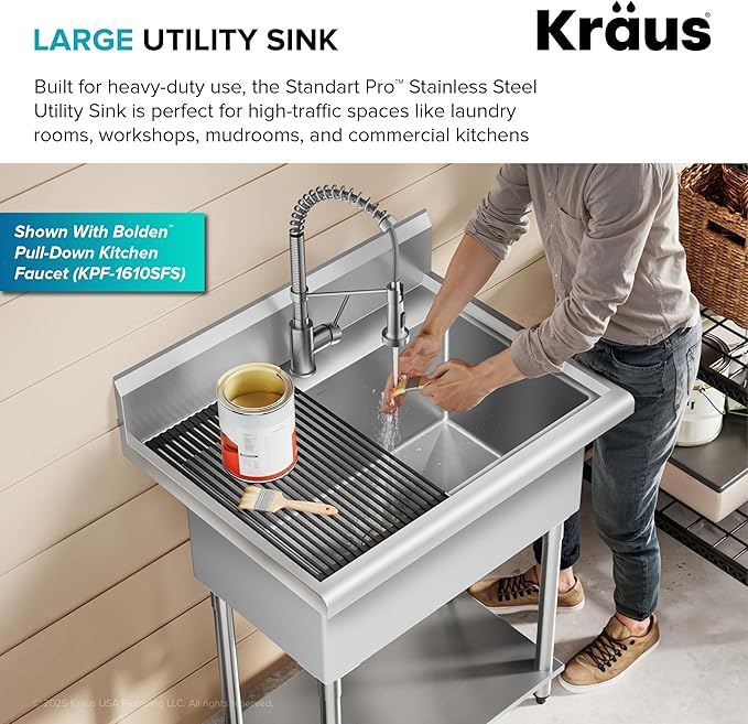 KRAUS Standart Pro 32 Inch 18-Gauge Stainless Steel Scullery Sink, 24 Gallon Freestanding Commercial Style Single Bowl Laundry & Utility Sink, KHS230-32