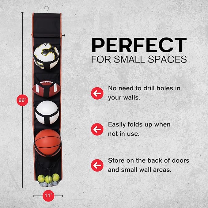 Vintage Hanging Sports Equipment Organizer | Limited Stock | Multi-Purpose Garage Sports Ball Storage | For Basketball Football Volleyball Tennis Soccer Biking | Toy Storage | Includes Hook & Pump