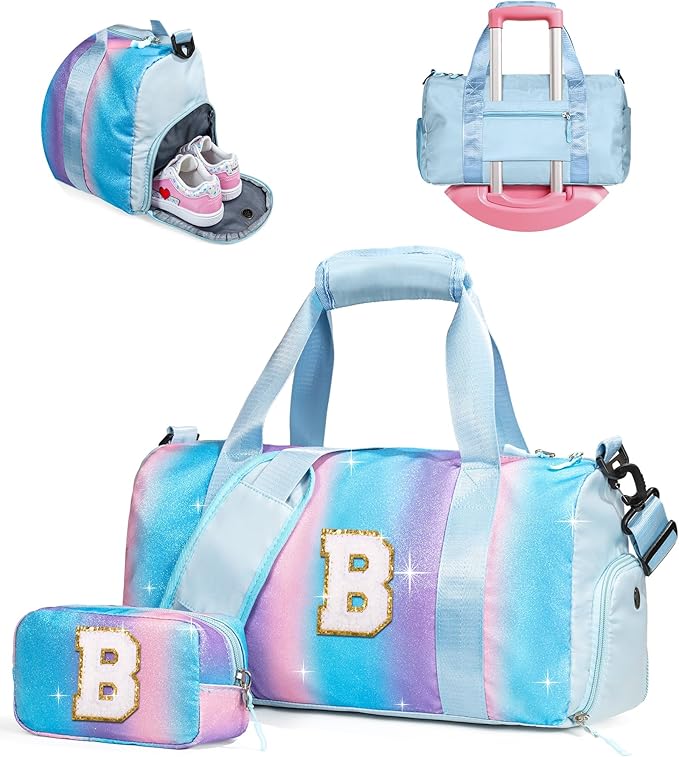 Birthday Gifts for 3 4 5 6 7 8 9 10 11 12 Year Old Girls-Girl Gym Bag with Shoe Compartment, Kid Personalized Weekender Overnight Bags, Initial Travel Tote with Makeup Pouch (Letter B)