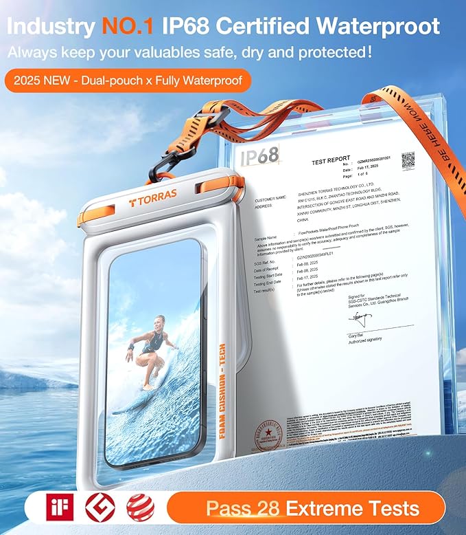 TORRAS IP68 Waterproof Phone Pouch Double Space, Floating Waterproof Phone Case with Lanyard for iPhone 16 Pro Max 15 14 13 S25 S24, Phone Dry Bag Vacation Cruise Ship Travel Essentials 7.0'', White