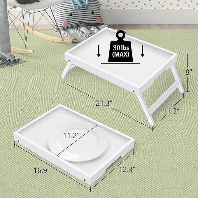 Artmeer Bed Tray Table with Folding Legs,Bamboo Breakfast in Bed for TV Table, Laptop Computer Tray,Eating,Snack Tray (White) Large Size