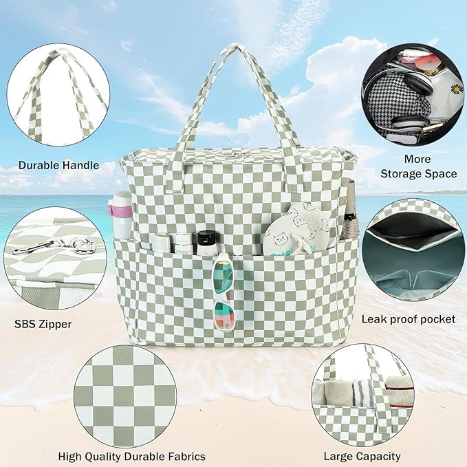 LEDAOU Beach Bag Waterproof Sandproof Women Tote Bag Pool Bag with Zipper for Gym Grocery Travel with Wet Pocket