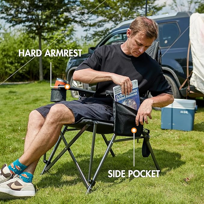PORTAL Oversized Folding Camping Chair High Back Portable Lawn Chairs for Adults Outdoor Sports with Hard Armrest Cup Holder，Supports 400LBS Black