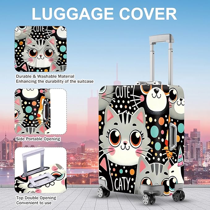 ANNA QUEEN Cute Cat Luggage Cover, Kawaii Cartoon Kitty Suitcase Protector with Colorful Polka Dot Design, Stretchable, Washable Travel Cover for 32-34 Inch Luggage