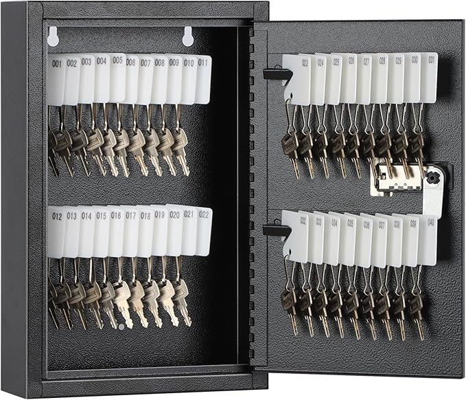 KYODOLED Locking Key Cabinet, 40 Key Storage Lock Box with Code, Key Box Wall Mount with Combination Lock, Key Hooks & Tags Key Labels, 2.5" D x 8" W x 12" H (Black,40 Key)