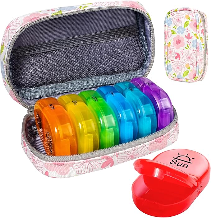 Serfeymi Weekly Travel Pill Organizer 2 Times A Day AM PM Upgraded Rainbow Pill Box 7 Day with Portable Zipper PU Leather Pill Case, Medicine Organizer for Pills, Vitamins, Fish Oils - Floral 01