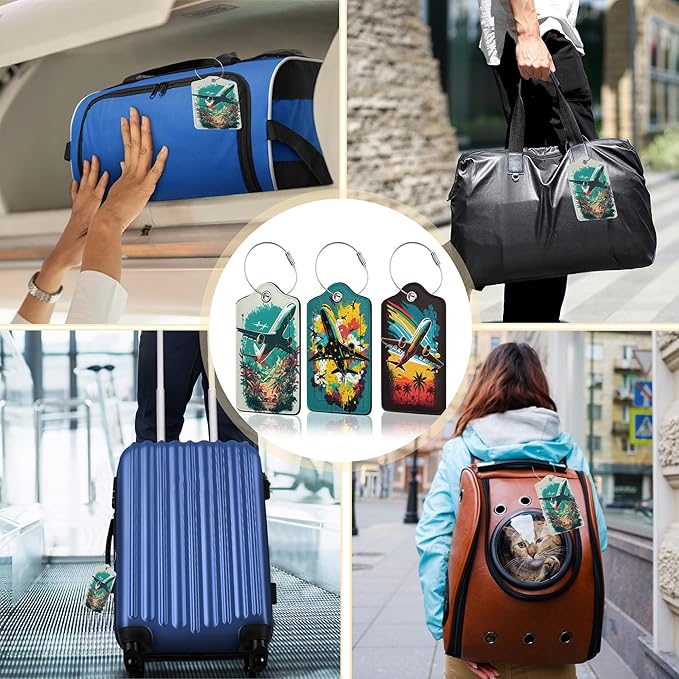 Airplane in The Sky Luggage Tags for Suitcase,3 Pack Luggage Tag Leather Privacy Cover ID Label with Stainless Steel Loop for Women Men