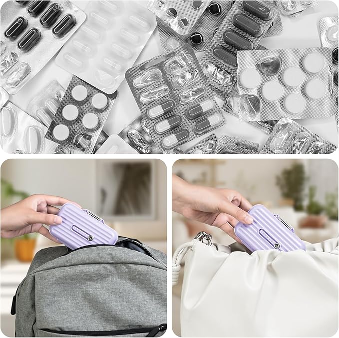 Travel Pill Organizer Box with Medicine Labels, 2Pack 7 Compartments Portable Pill Case, Daily Medication Organizer Storage Pill Container for Pocket Pharmacy(Purple, S+L 2pack)