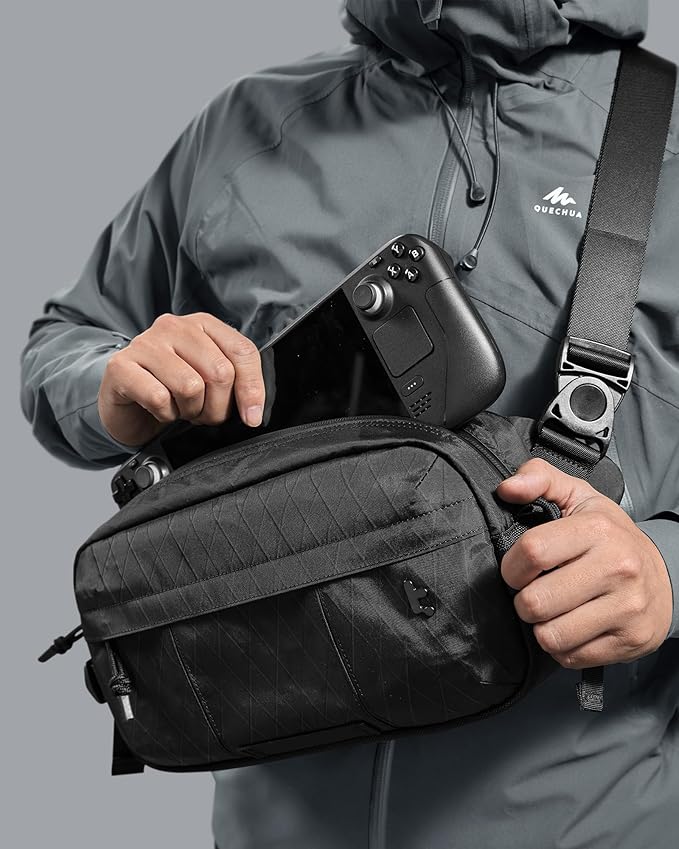 tomtoc 5.5L X-Pac Sling Bag for Nintendo Switch 2, Heavy Duty Crossbody Bag for Men, Water-resistant Carry Chest Daypack Travel Shoulder Pack for Steam Deck OLED, ROG Ally X, iPad mini, Tactical