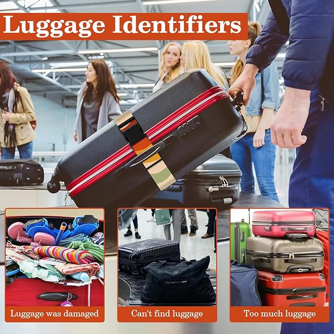Luggage Straps for Suitcases TSA Approved, Luggage Identifiers for Suitcase, Adjustable Suitcase Strap for Baggage Security with Cute Patten, Travel Necessary Accessories (Retro Colorful Stripes)
