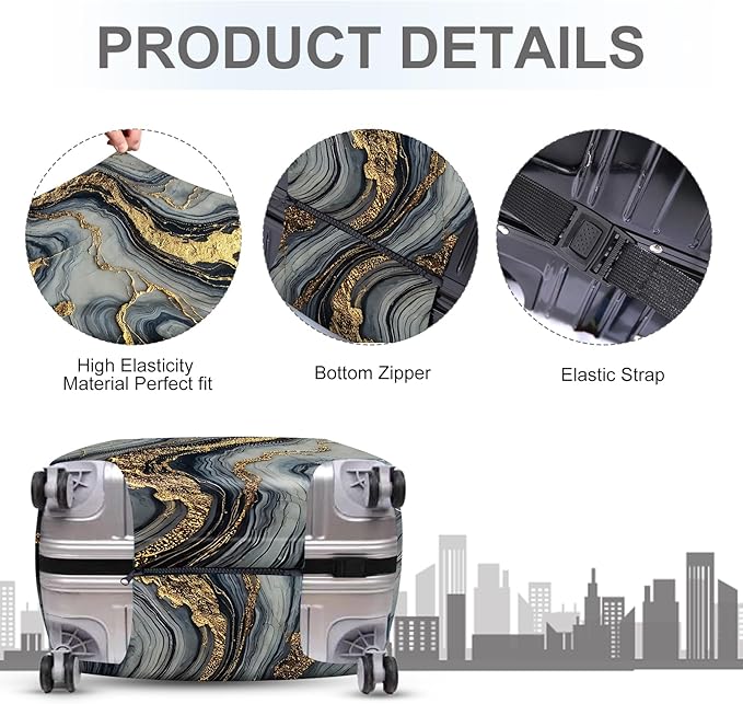 ANNA QUEEN Luxury Marble Gold Luggage Cover, Elegant Black & Grey Suitcase Protector with Faux Gold Vein Design, Stretchable, Washable Spandex Cover for 28-30 Inch Luggage