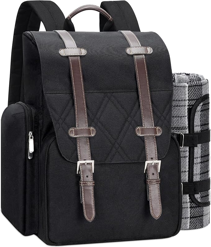 Picnic Backpack for 2 Person with Large Insulated Cooler Bag, Picnic Basket Set with Wine Pouch, Waterproof Picnic Blanket & Cutlery Set. Perfect for Camping, Party,Wedding Gift for Couple.2P-Black