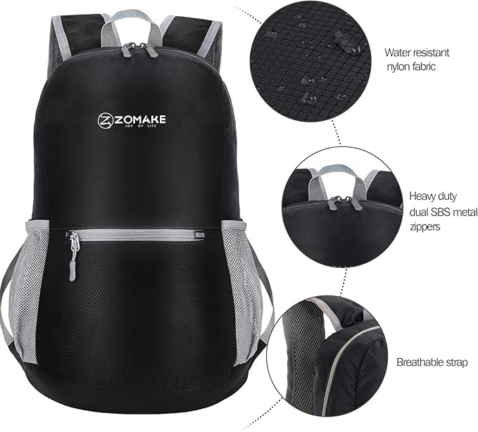 ZOMAKE Ultra Lightweight Hiking Backpack 20L, Packable Small Backpacks Water Resistant Daypack for Women Men(Black)