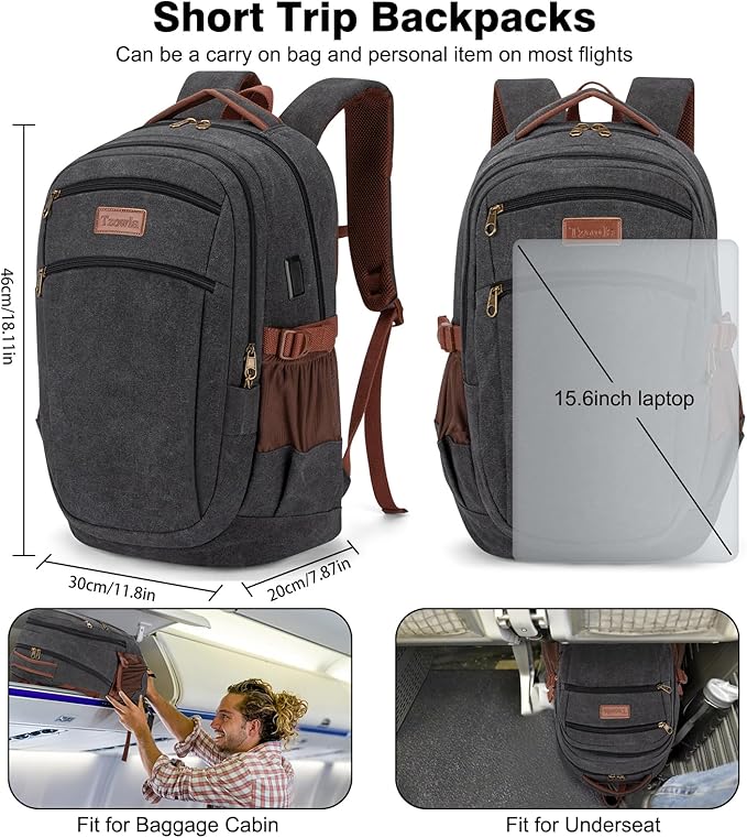 Tzowla Vintage Canvas Laptop Backpack for Men and Women,College Travel Work Rucksack with USB/Type-C Charging Port,Lightweight Bookbag Hiking Casual Daypack Backpacks Fit 15.6 Inch Notebook(Black)
