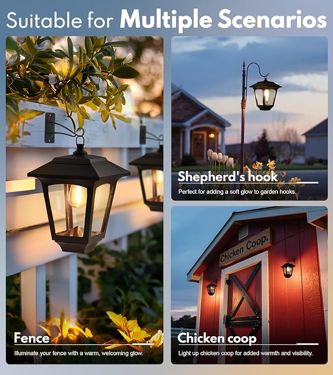 PASAMIC 2 Pack Solar Wall Lights with Replaceable Bulb, IP65 Waterproof Outdoor Sconce, 4 Solar Panels, 3000K Warm White, Automatic Dusk to Dawn Lighting for Porch, Garden, Patio, Garage, Fence