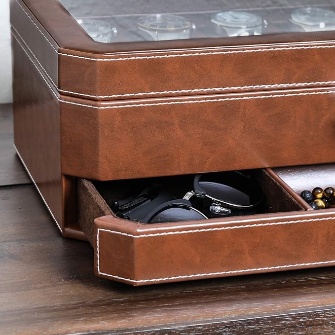 ROTHWELL 12 Slot Leather Watch Box with Valet Drawer - 12 Slot Luxury Watch Case Display Organizer, Microsuede Liner, Mens Accessories Holder, Jewelry Case, Jewelry Display Organizer (Tan/Brown)