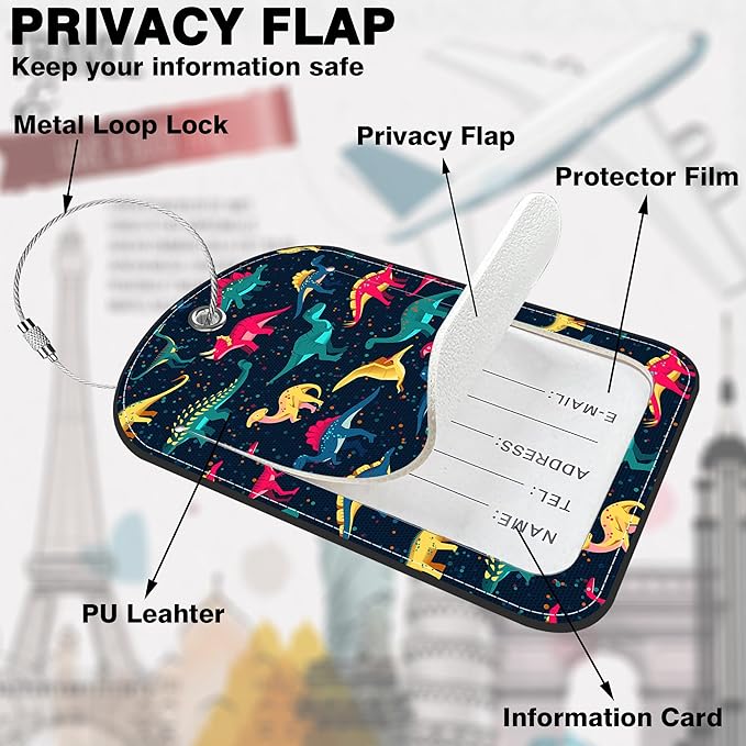 Colorful Dinosaur Leather Luggage Tag for Suitcase 2 Pack Luggage Tag with Privacy Name ID Label and Stainless Steel Loop for Travel Bag Suitcase