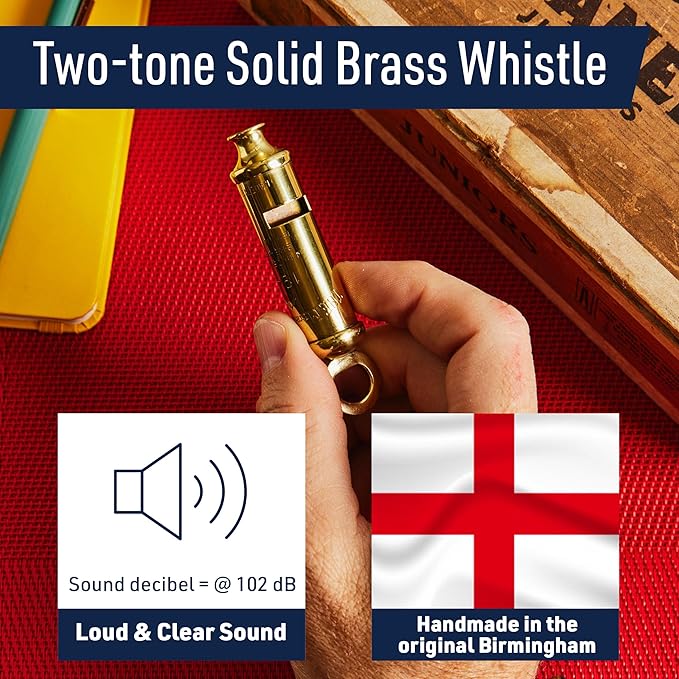 Brass Whistle with Keychain Ring - Loud Two Tone 102dB Whistle for Coaches, Referees, Hikers, and Police Gear - Authentic London Metropolitan Police and WWII Infantry Design by Kings County Tools