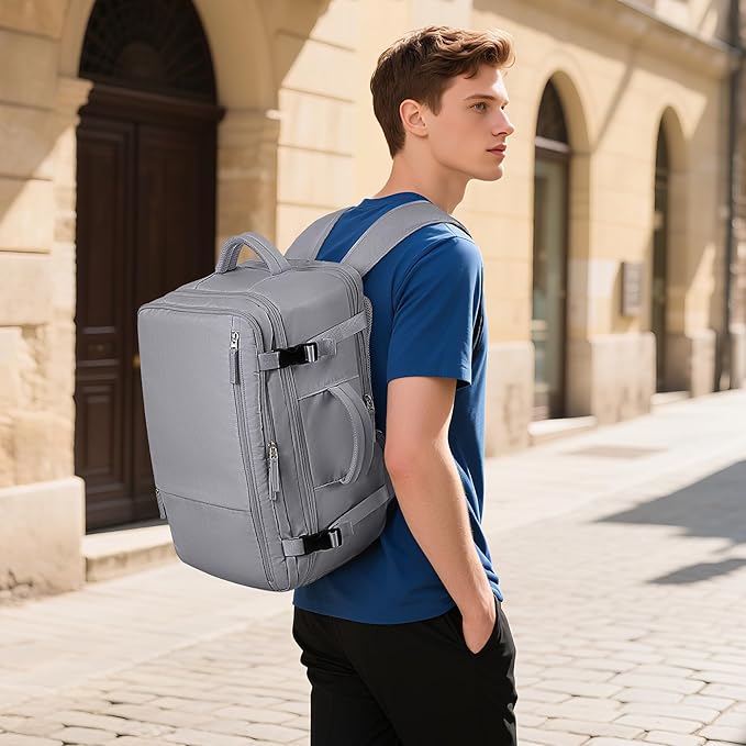 Hanples Large Travel Backpack for Women as Person Item Flight Approved, 35L Carry on Backpack,17 Inch Laptop Backpack with USB Charging Port, Travel Essentials with 2 Toiletry Bags (Gray)