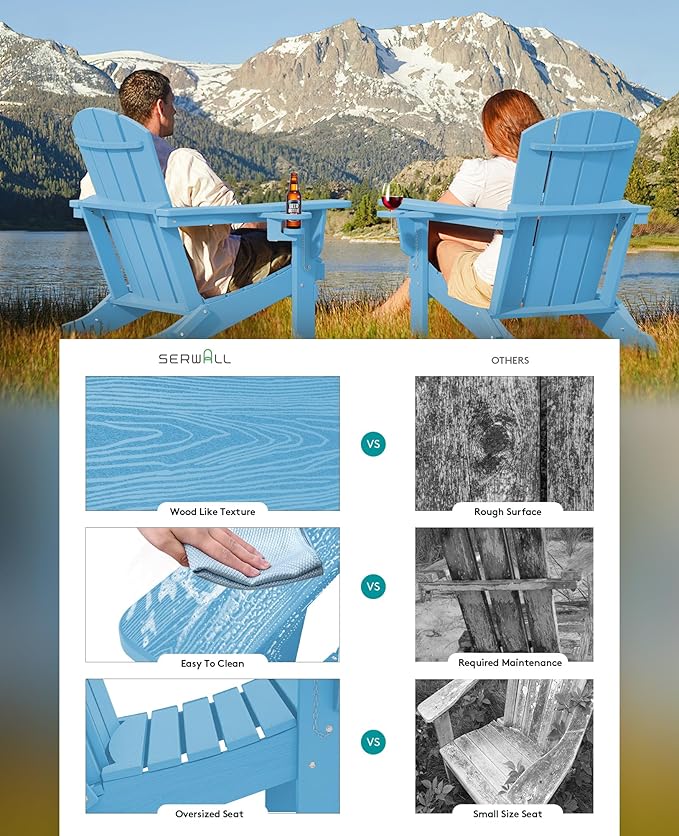SERWALL Adirondack Chair with Cup Holders - Composite Adirondack Chairs Set of 4 HDPE Outdoor Chairs All Weather Use- Light Blue