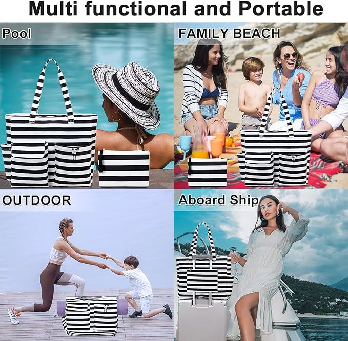 LEDAOU Large Beach Tote Bag Women Waterproof Sandproof Zipper Beach Tote Bag for Pool Gym Grocery Travel with Wet Pocket