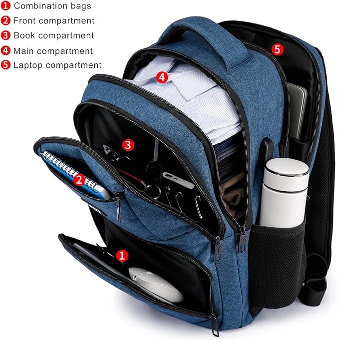 School Backpack for Teens & College Students - 15.6 Inch Laptop Backpack with USB Charging Port, Water Resistant Business Bookbag for Men, Boys, School, Blue