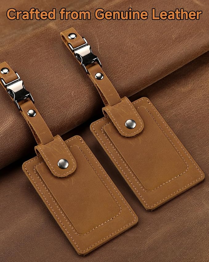 Premium Genuine Leather Luggage Tags for Suitcases - Quick Release, Privacy Protection, Elegant and Durable, Travel Essential Luggage Tag - 2 Pack Brown