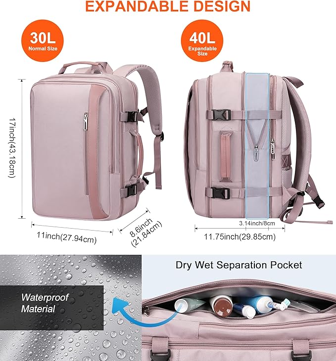 PIJUSHI Travel Backpack for Women Expandable Carry on Luggage Backpack Airline Approved Personal Item Laptop Bag(PE034 Light Purple)