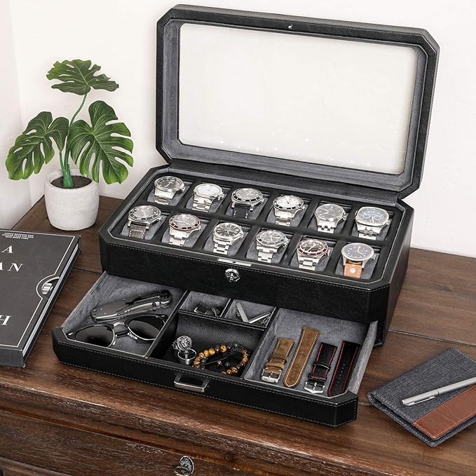 ROTHWELL 12 Slot Leather Watch Box with Valet Drawer - Luxury Watch and Jewelry Case Display Organizer, Microsuede liner, Mens Locking Storage Holder Large Glass Top (Black/Grey)