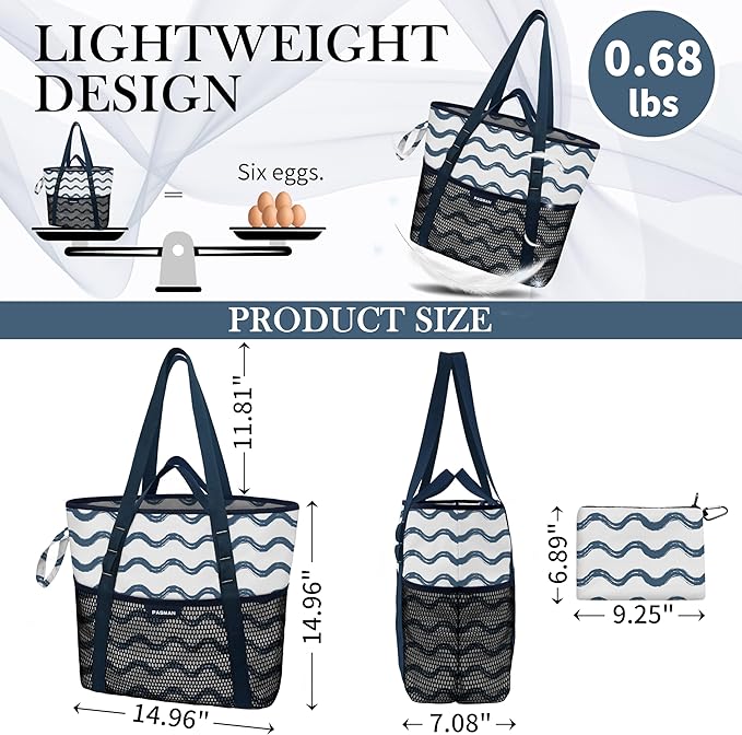 Beach Bag with Zipper - 8 Pockets Sandproof Beach Tote Bag for Women,Foldable Lightweight Family Swim Bag Vacation