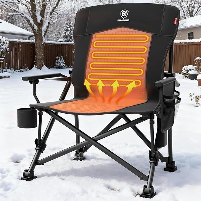 EVER ADVANCED Heated Oversized Foldable Camping Chair for Adults with Adjustable Lumbar Support, Heavy Duty Chair with Side Pockets, Heated Portable Collapsible Quad Chair for Outside, Support 500lbs