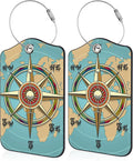 Nautical Compass Retro World Map Luggage Tag for Suitcase 2 Pack Leather Luggage Tag with Privacy Flap Name ID Label and Metal Loop for Women Men Travel