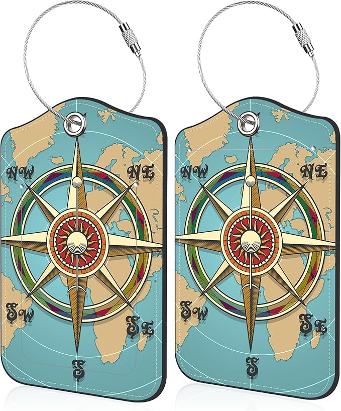 Nautical Compass Retro World Map Luggage Tag for Suitcase 2 Pack Leather Luggage Tag with Privacy Flap Name ID Label and Metal Loop for Women Men Travel