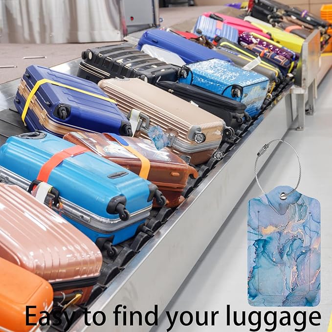 Blue Gold Marble 2 Pack Luggage Tag for Suitcase, Cute Unique Leather Bag Tags Identifiers Privacy Cover ID Label with Steel Loop for Women Men Kids Girls Travel