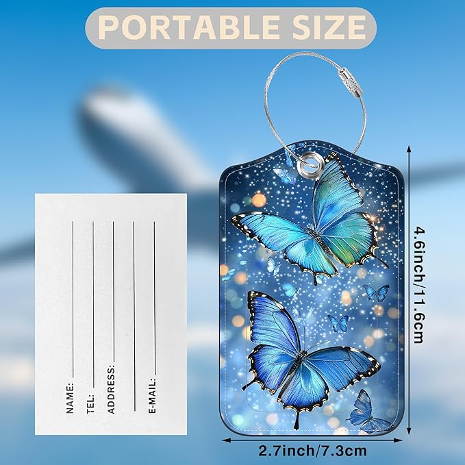 2 Pcs Blue Glowing Butterfly Luggage Tags for Suitcases PU Leather Baggage Tags Name ID Label with Privacy Cover and Stainless Steel Loop for Men Women Travel Bag Suitcase