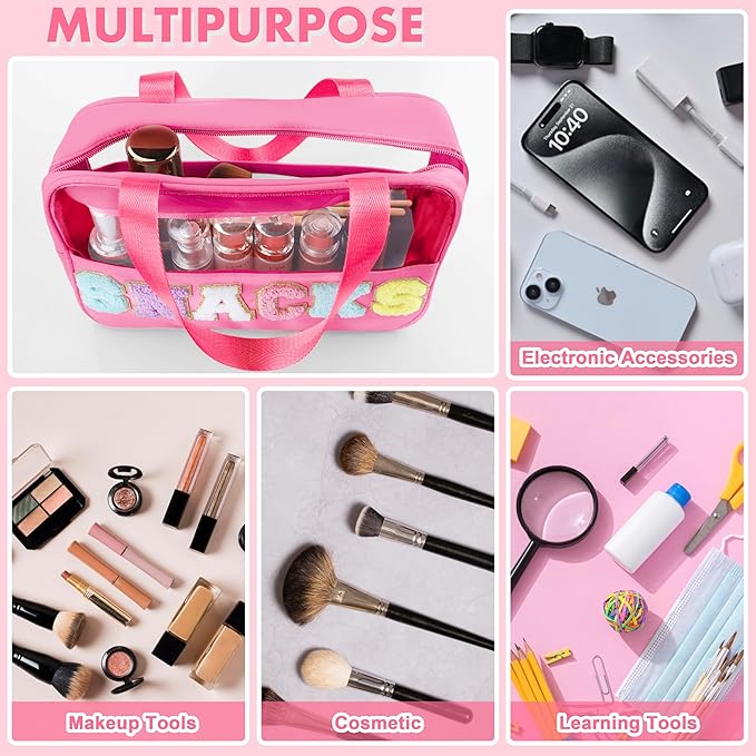 Snack Bag for Travel - Chenille Letter Clear Makeup Bag, Large Preppy Patch Snack Cosmetic Bag with Handle and Zipper, Cute Makeup Pouch Nylon&PVC Waterproof Toiletry Organizer Storage for Women Girls