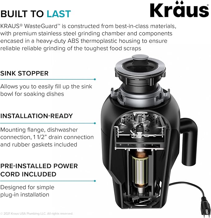 KRAUS Kore™ Workstation 33-inch Undermount 16 Gauge Double Bowl Stainless Steel Kitchen Sink with Accessories (Pack of 8) with WasteGuard™ Continuous Feed Garbage Disposal, KWU112-33-100-75MB