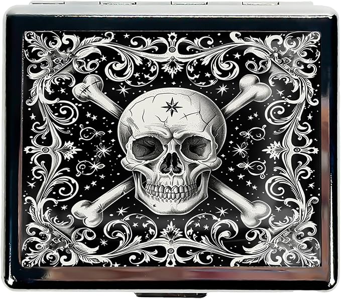 Cute and Stylish Metal Pill Box - Compact Portable Pill Organizer with 8 Compartments, Food-Grade Divider, Ideal for Travel, Vitamins, Jewelry, Cosmetics (Crossbones Starlight)