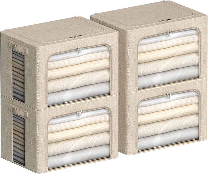 4 Pack Clothes Storage Bins with Metal Frame - Linen Fabric Foldable Stackable Container Organizer Set with Clear Window & Carry Handles & Zippers (Beige, 19.7"x15.7"x13")