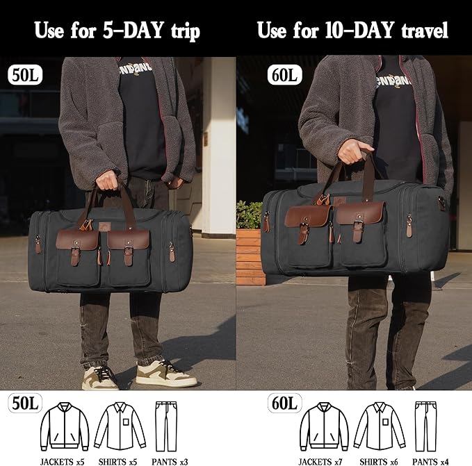 Canvas Duffle Bag for Men 50L Travel Duffel Bags Expandable Genuine Leather Overnight Weekender Carry On Bag Two Zipper Pockets Travel Bag (Black, Large-50L)