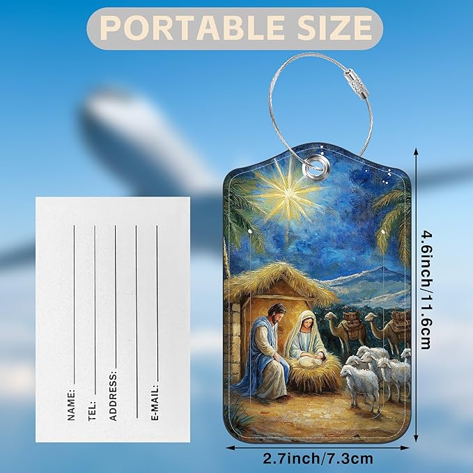 Nativity Scene Set of 2 Luggage Tags for Suitcases Leather Suitcase Tags Identifiers with Privacy Name Address Label and Stainless Steel Loop for Women Men Travel Luggage Accessories