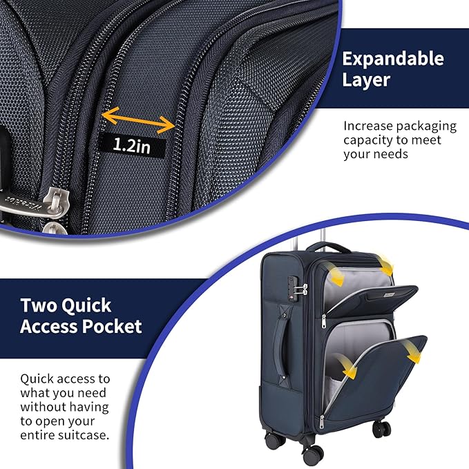 3-Piece Softside Expandable Luggage Set with Front Open Pocket, Lightweight and Durable Oxford Fabric Suitcase Set with TSA Lock (Blue, 20in/24in/28in)